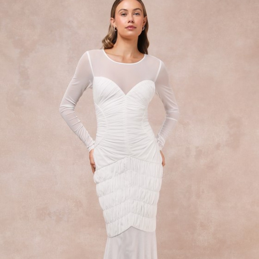 Lulus Romantic Heights White Mesh Ruched Long Sleeve Maxi Dress - Size XL